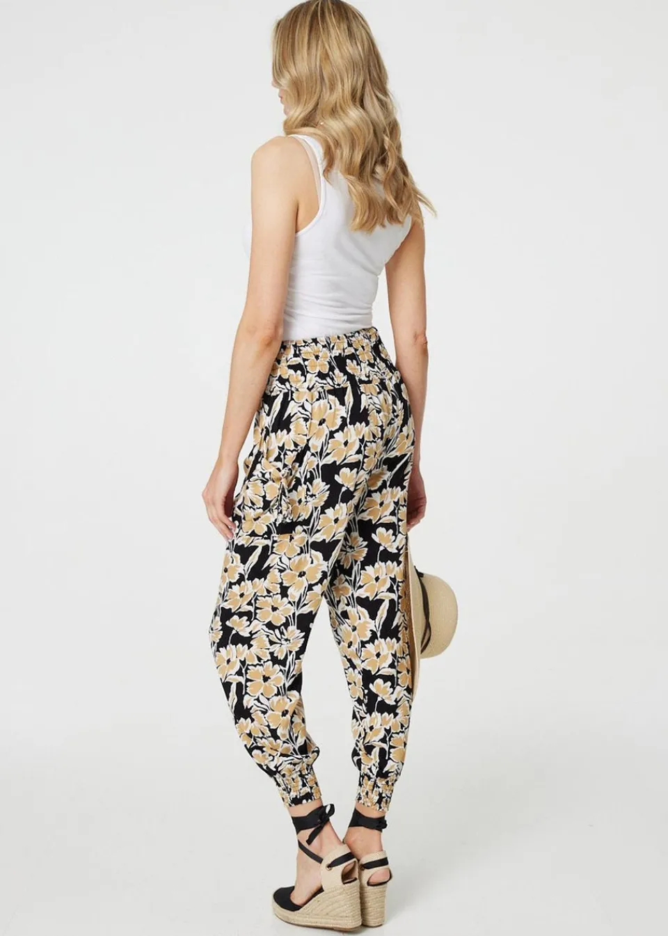 Trousers>Izabel London Black Floral Tassel Tie Pocket Harem Pants