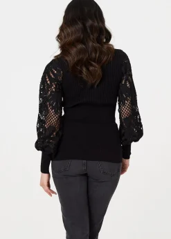 Tops>Izabel London Black Floral Lace Puff Sleeve Fitted Knit Top