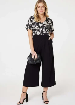 Jumpsuits & Playsuits>Izabel London Black Floral Block Print Wide Leg Jumpsuit