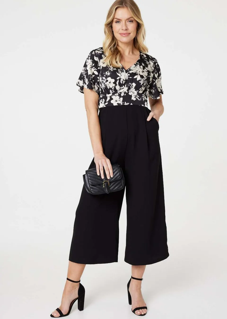 Jumpsuits & Playsuits>Izabel London Black Floral Block Print Wide Leg Jumpsuit