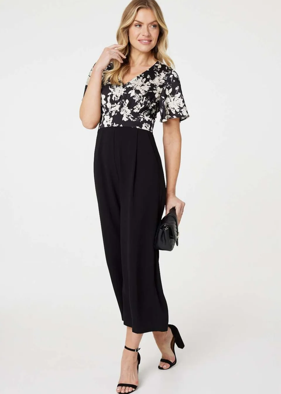 Jumpsuits & Playsuits>Izabel London Black Floral Block Print Wide Leg Jumpsuit