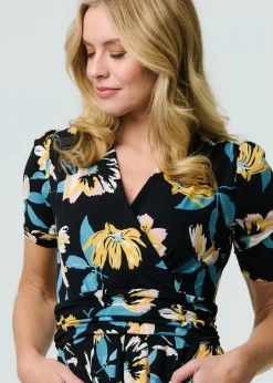 Dresses>Izabel London Black Floral Short Sleeve Faux Wrap Midi Dress