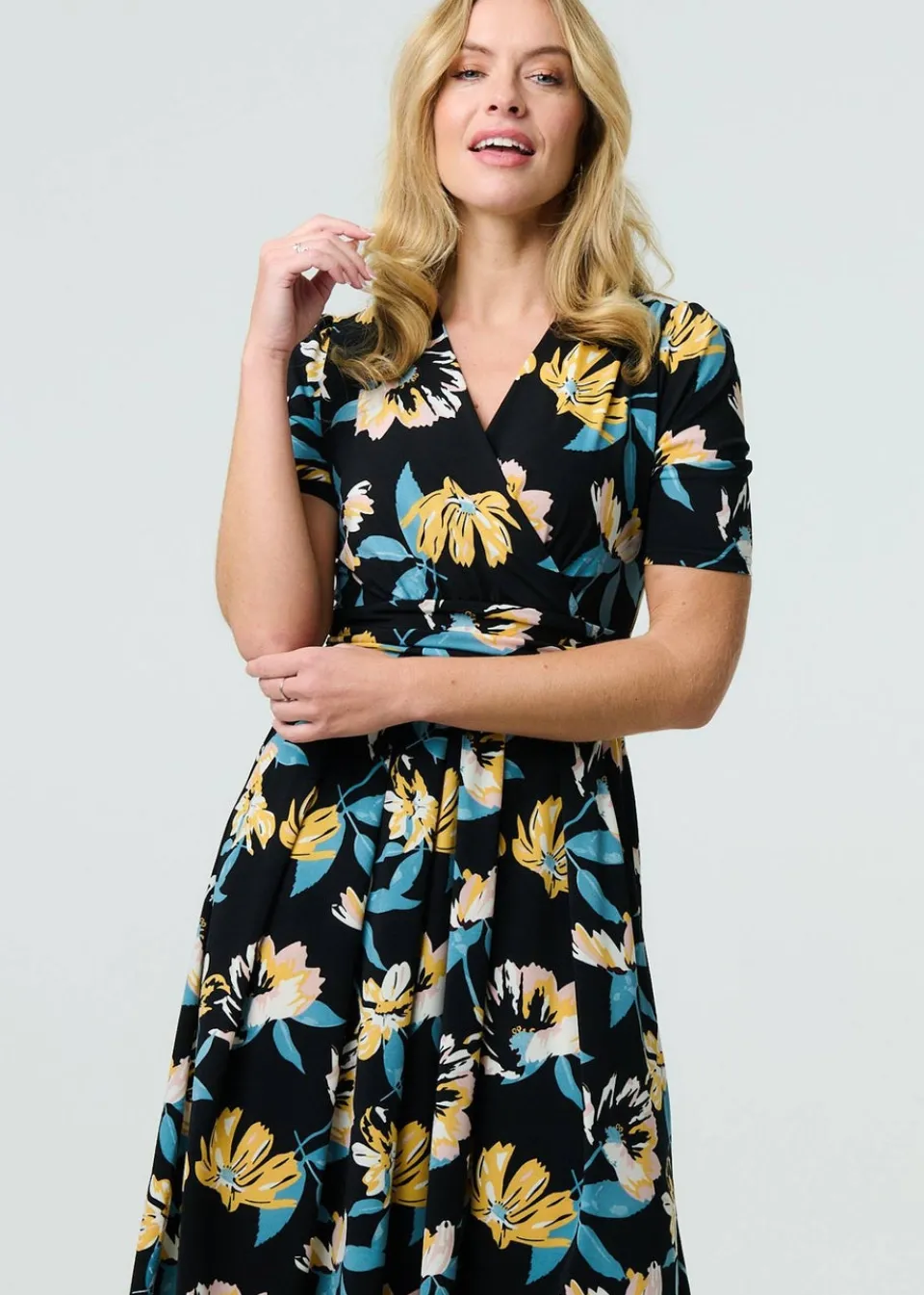 Dresses>Izabel London Black Floral Short Sleeve Faux Wrap Midi Dress