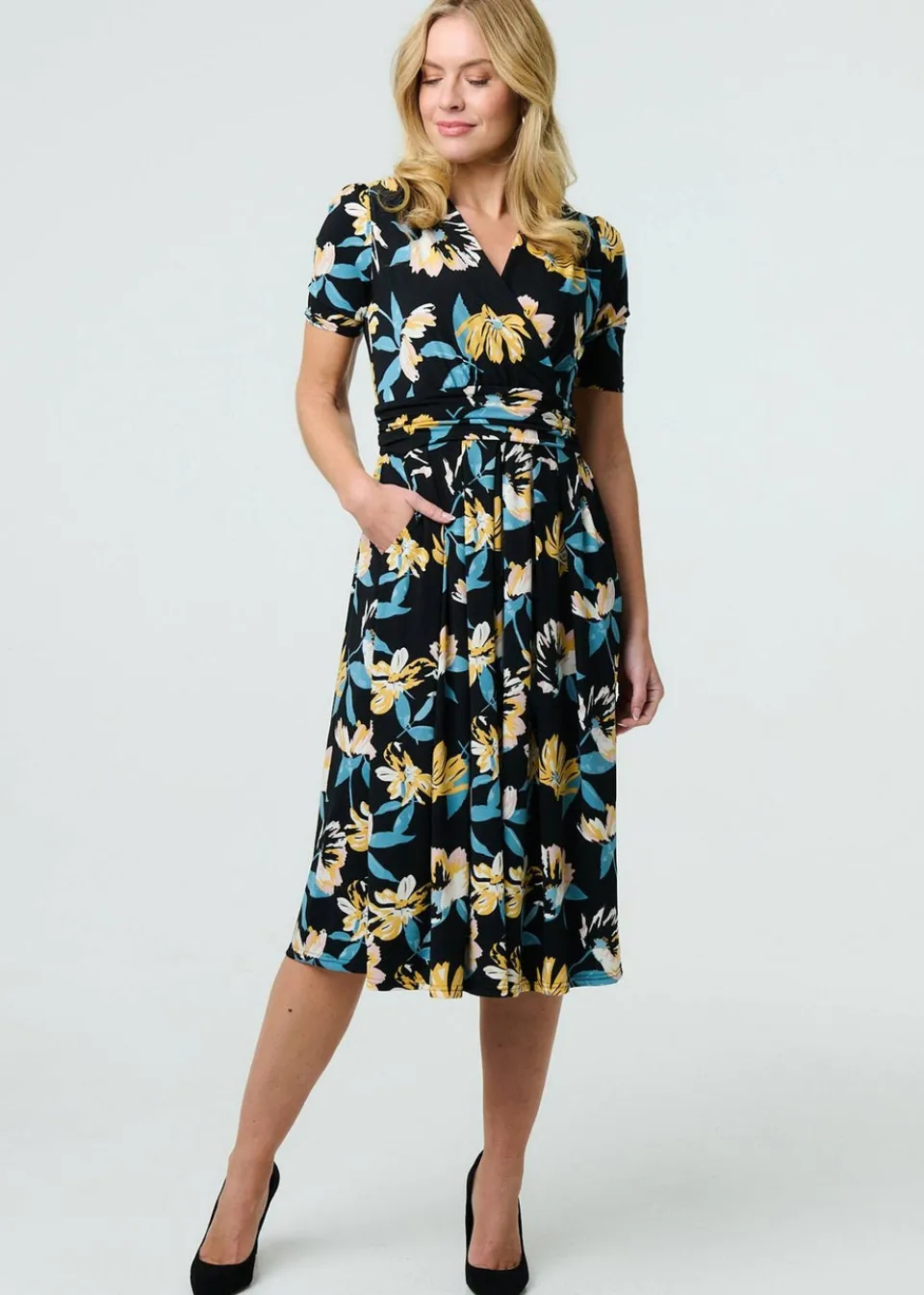 Dresses>Izabel London Black Floral Short Sleeve Faux Wrap Midi Dress