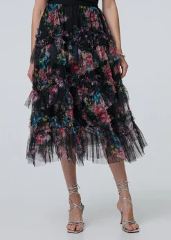 Skirts>Izabel London Black Floral Semi Sheer Mesh Ruffled Midi Skirt