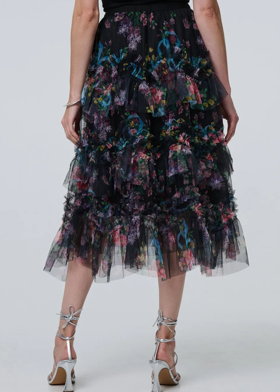 Skirts>Izabel London Black Floral Semi Sheer Mesh Ruffled Midi Skirt