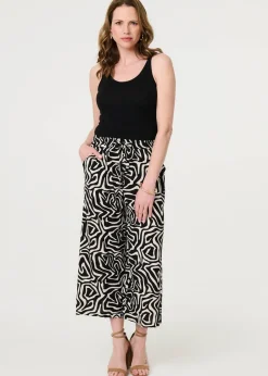 Trousers>Izabel London Black Geo Print Tie Waist Wide Leg Cropped Trousers