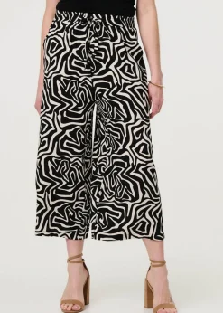 Trousers>Izabel London Black Geo Print Tie Waist Wide Leg Cropped Trousers