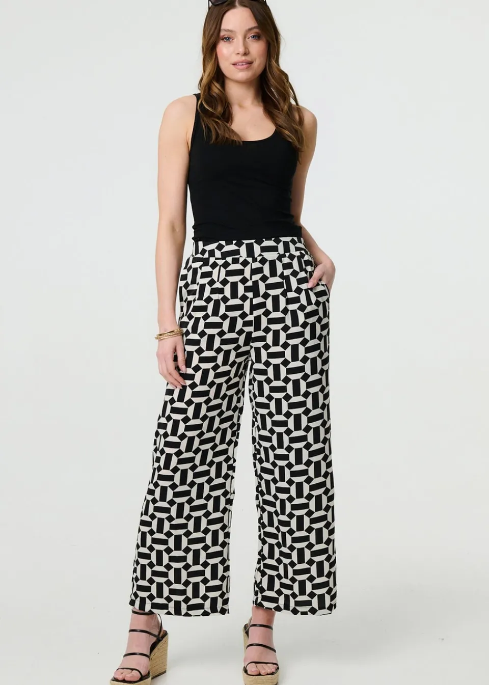 Trousers>Izabel London Black Geo Print High Waist Wide Leg Trousers