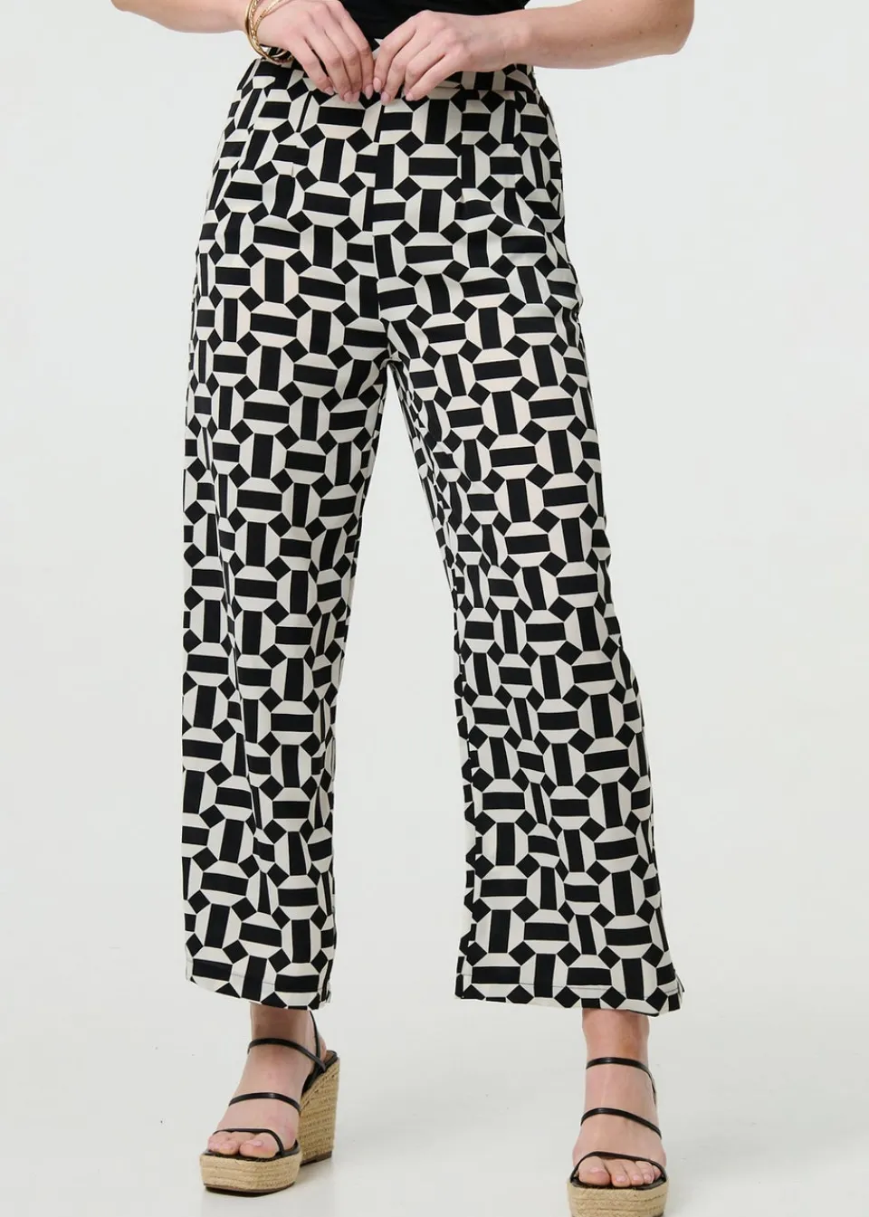 Trousers>Izabel London Black Geo Print High Waist Wide Leg Trousers