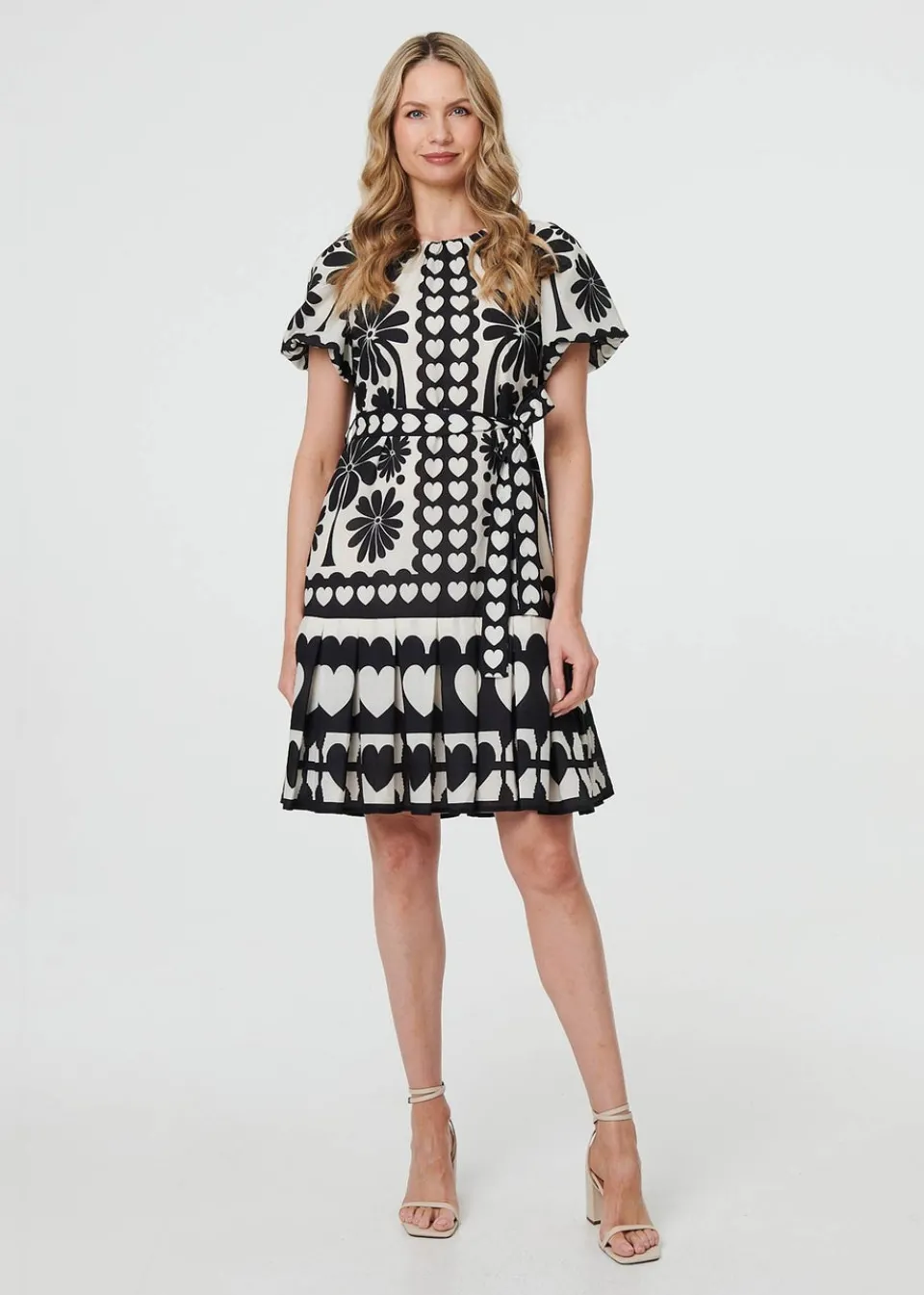 Dresses>Izabel London Black Heart Print Tie Waist Short Skater Dress