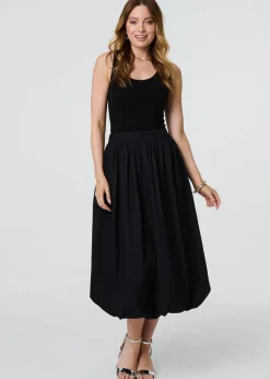 Skirts>Izabel London Black High Waist Elasticated Midi Bubble Skirt