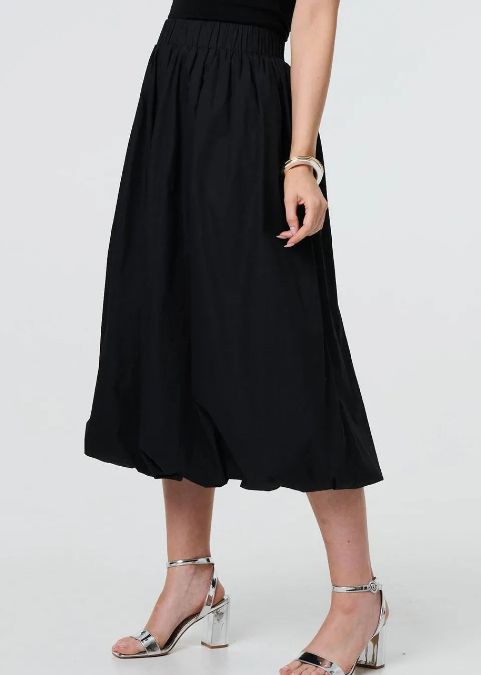 Skirts>Izabel London Black High Waist Elasticated Midi Bubble Skirt