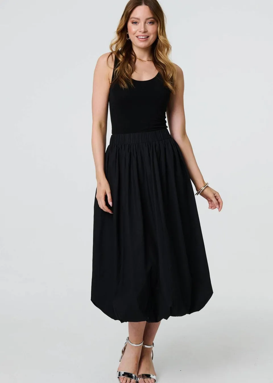 Skirts>Izabel London Black High Waist Elasticated Midi Bubble Skirt