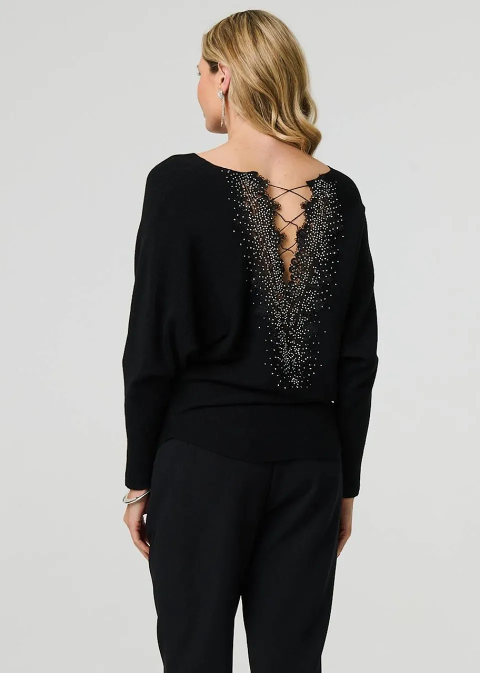 Tops>Izabel London Black Lace Trim V-Back Boat Neck Jumper Top