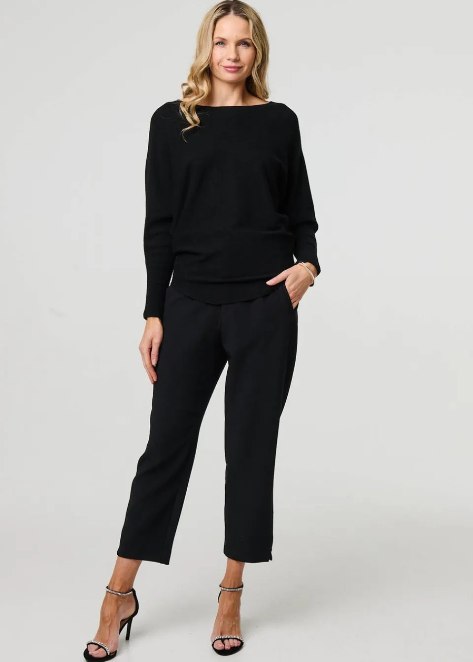 Tops>Izabel London Black Lace Trim V-Back Boat Neck Jumper Top