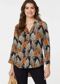 Tops>Izabel London Black Leaf Print Turn-Up Sleeve Blouse