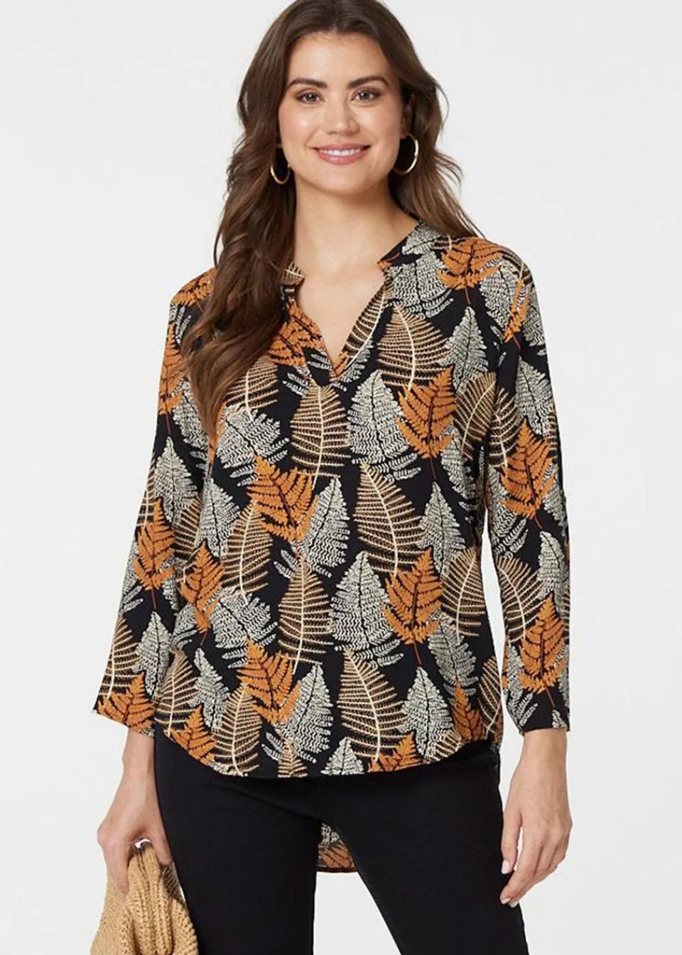 Tops>Izabel London Black Leaf Print Turn-Up Sleeve Blouse