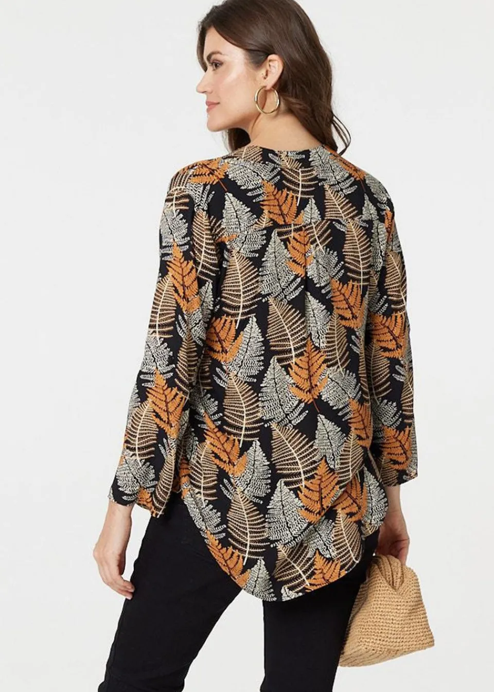 Tops>Izabel London Black Leaf Print Turn-Up Sleeve Blouse
