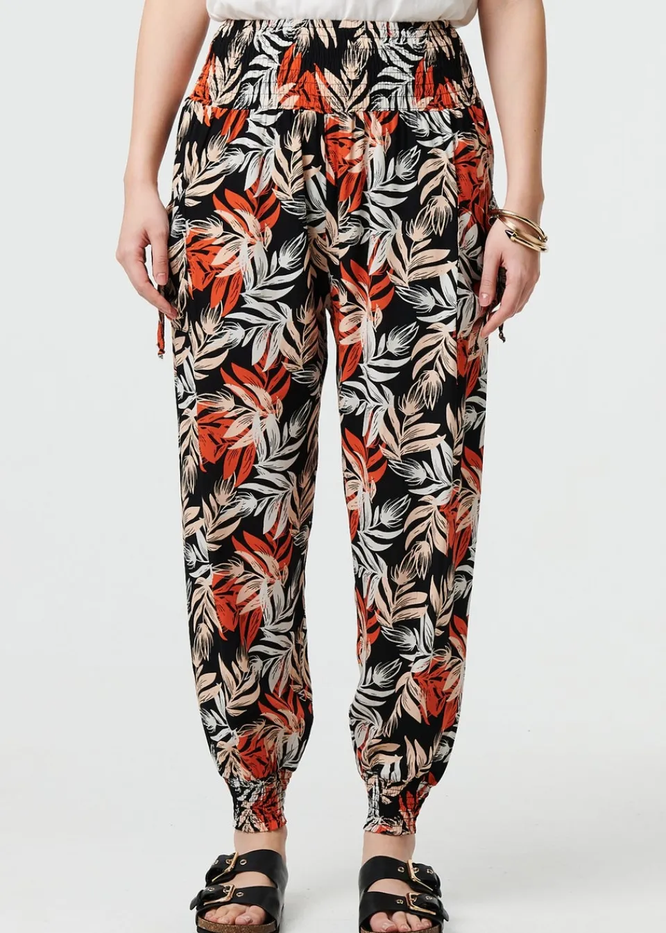 Trousers>Izabel London Black Leaf Print High Waist Shirred Harem Pants