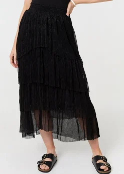 Skirts>Izabel London Black Metallic Textured Tiered Midi Skirt
