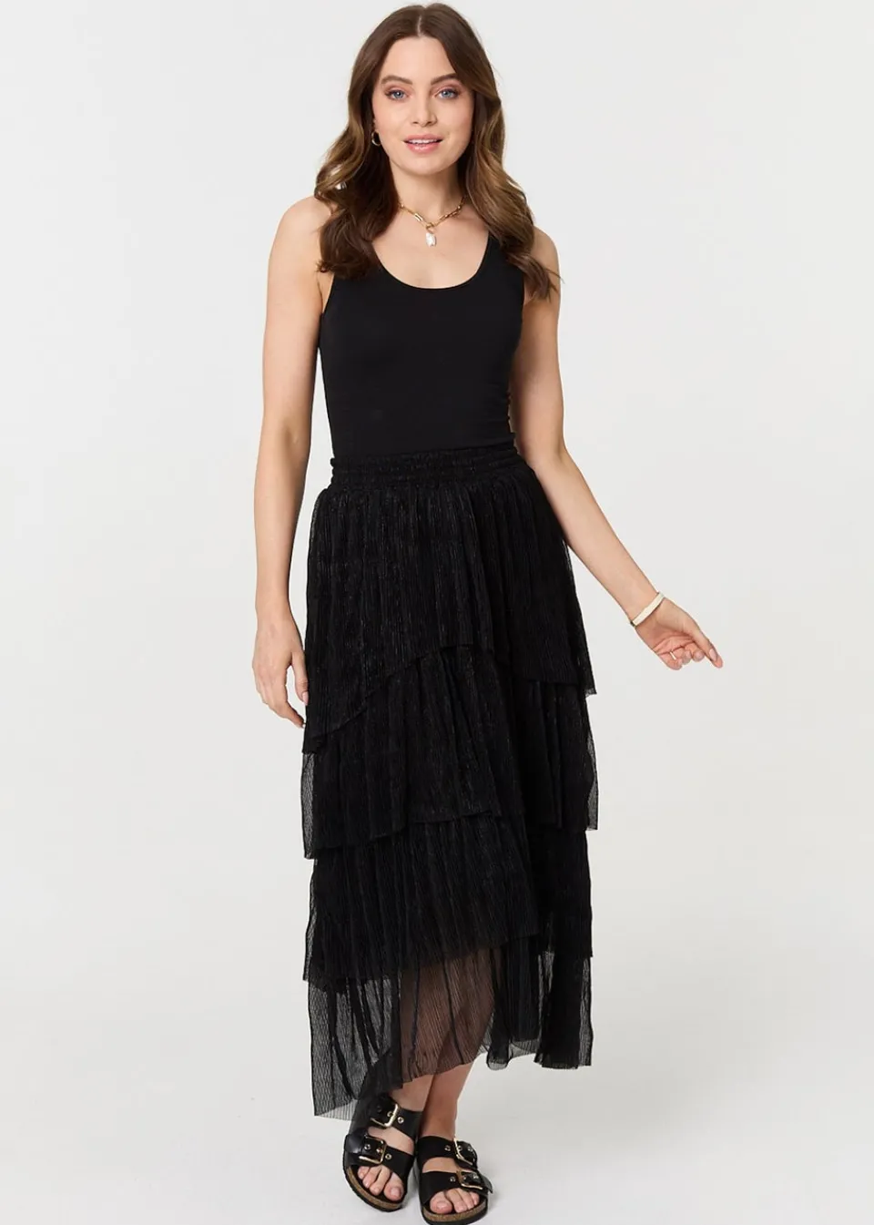 Skirts>Izabel London Black Metallic Textured Tiered Midi Skirt