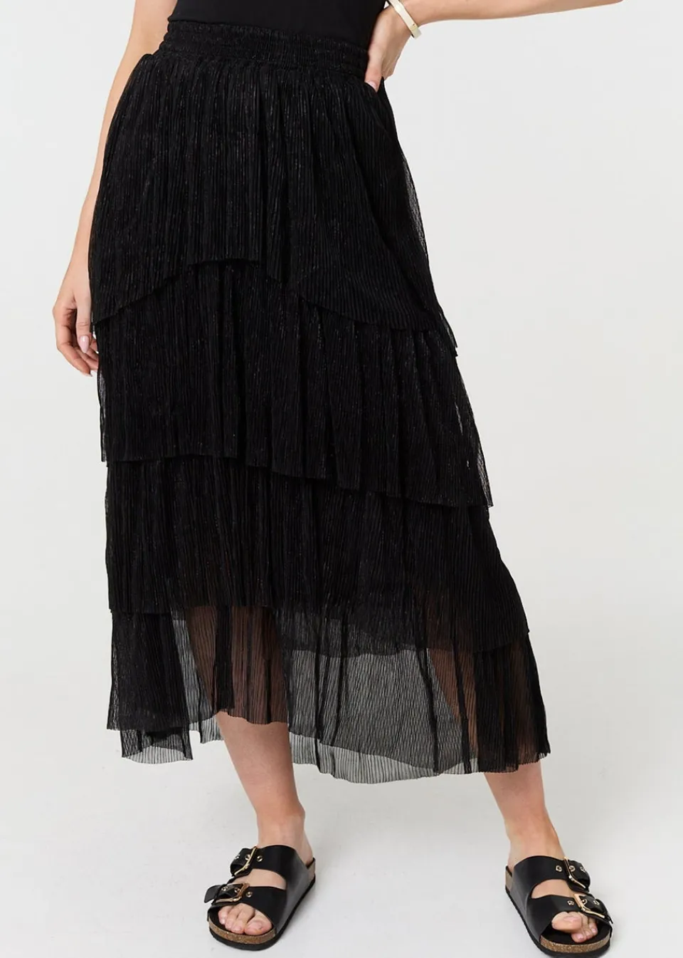 Skirts>Izabel London Black Metallic Textured Tiered Midi Skirt
