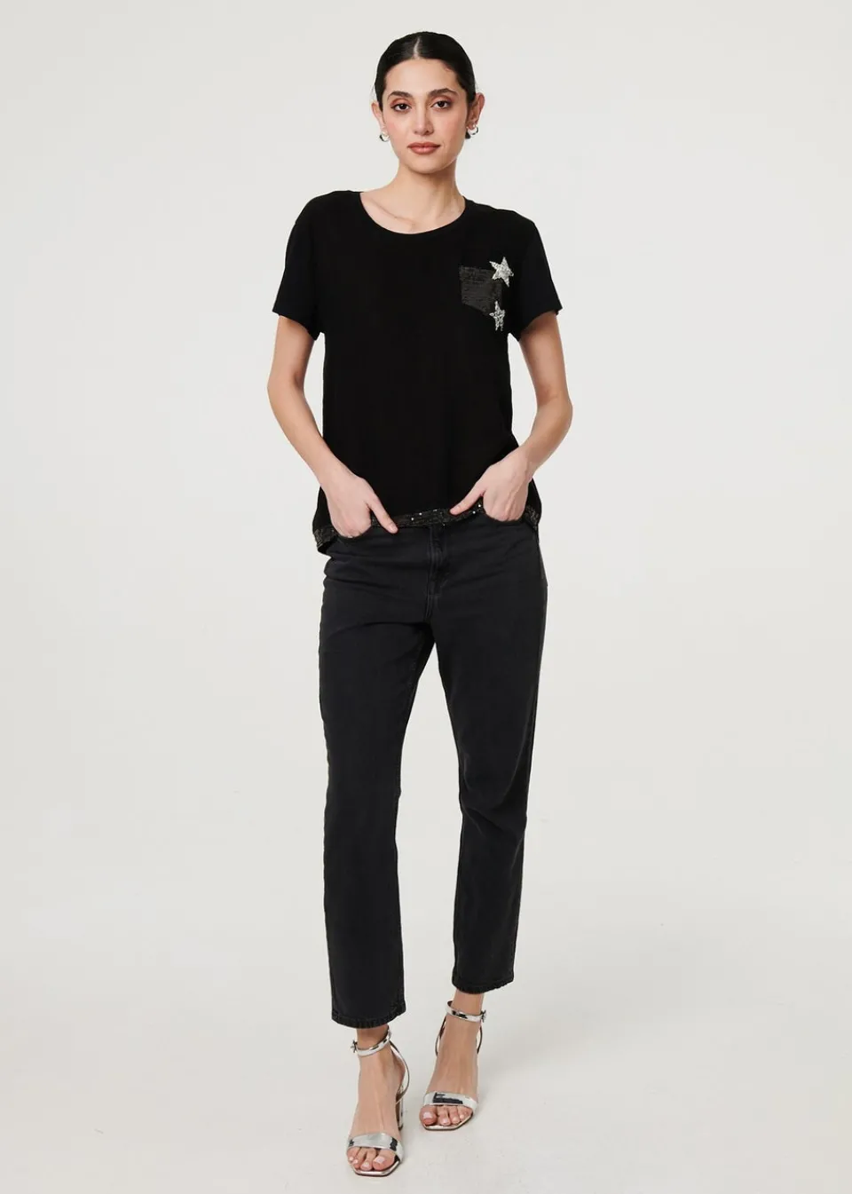 T-Shirts>Izabel London Black Metallic Star Detail Relaxed T Shirt