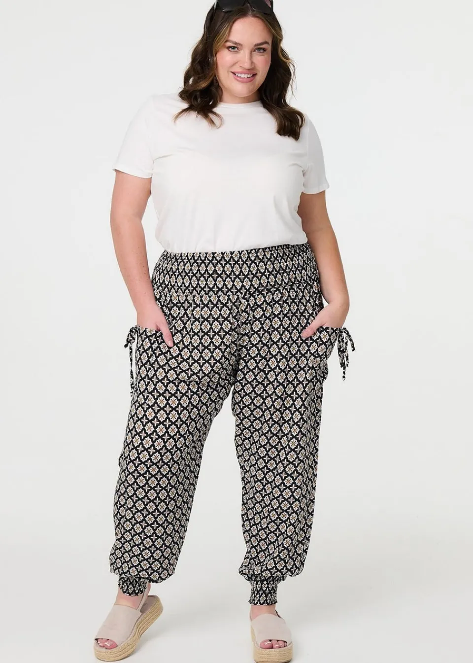 Trousers>Izabel London Black Mosaic Print Shirred Harem Pants