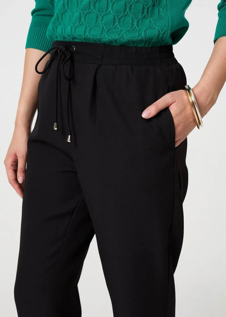 Trousers>Izabel London Black Plain Drawstring Waist Slim Trousers