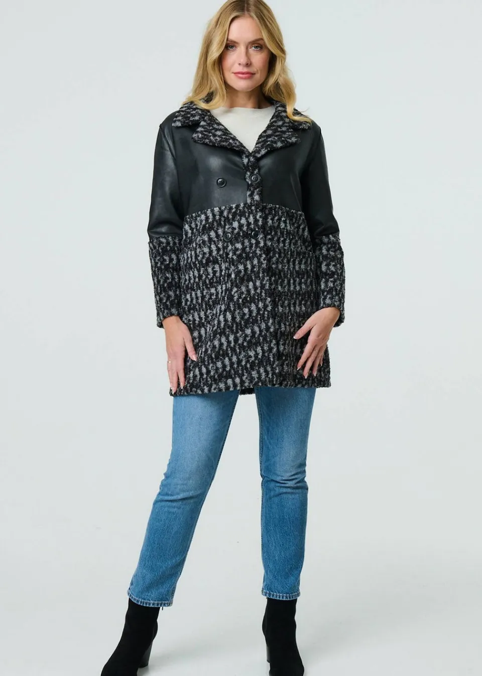Coats & Jackets>Izabel London Black Printed Faux Leather Trim Teddy Jacket