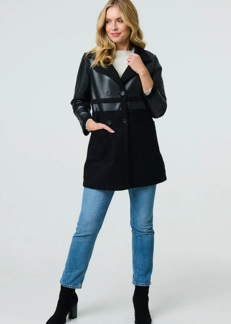 Coats & Jackets>Izabel London Black Reversible Faux Leather Teddy Coat