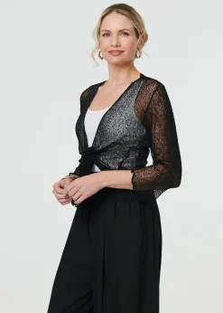 Tops>Izabel London Black Sheer 3/4 Sleeve Open Front Cardigan