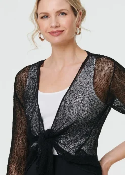 Tops>Izabel London Black Sheer 3/4 Sleeve Open Front Cardigan