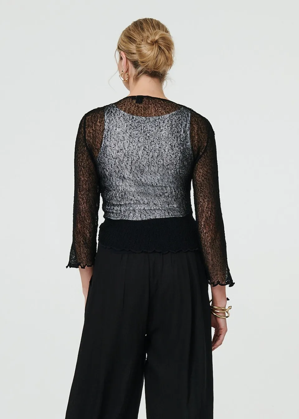 Tops>Izabel London Black Sheer 3/4 Sleeve Open Front Cardigan