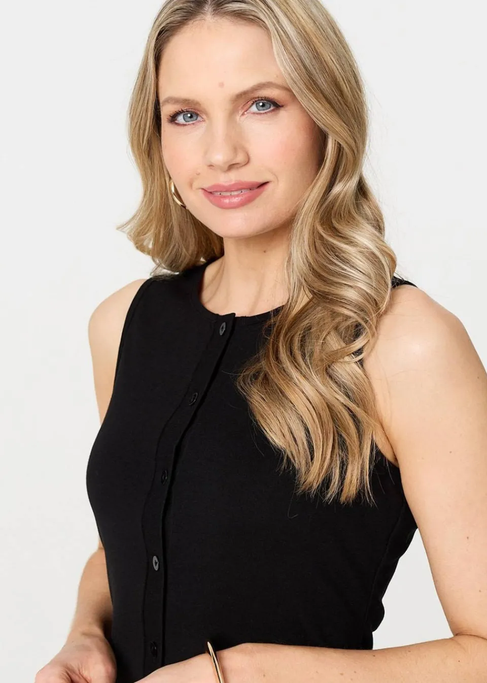 Tops>Izabel London Black Sleeveless Button Front Slim Vest Top