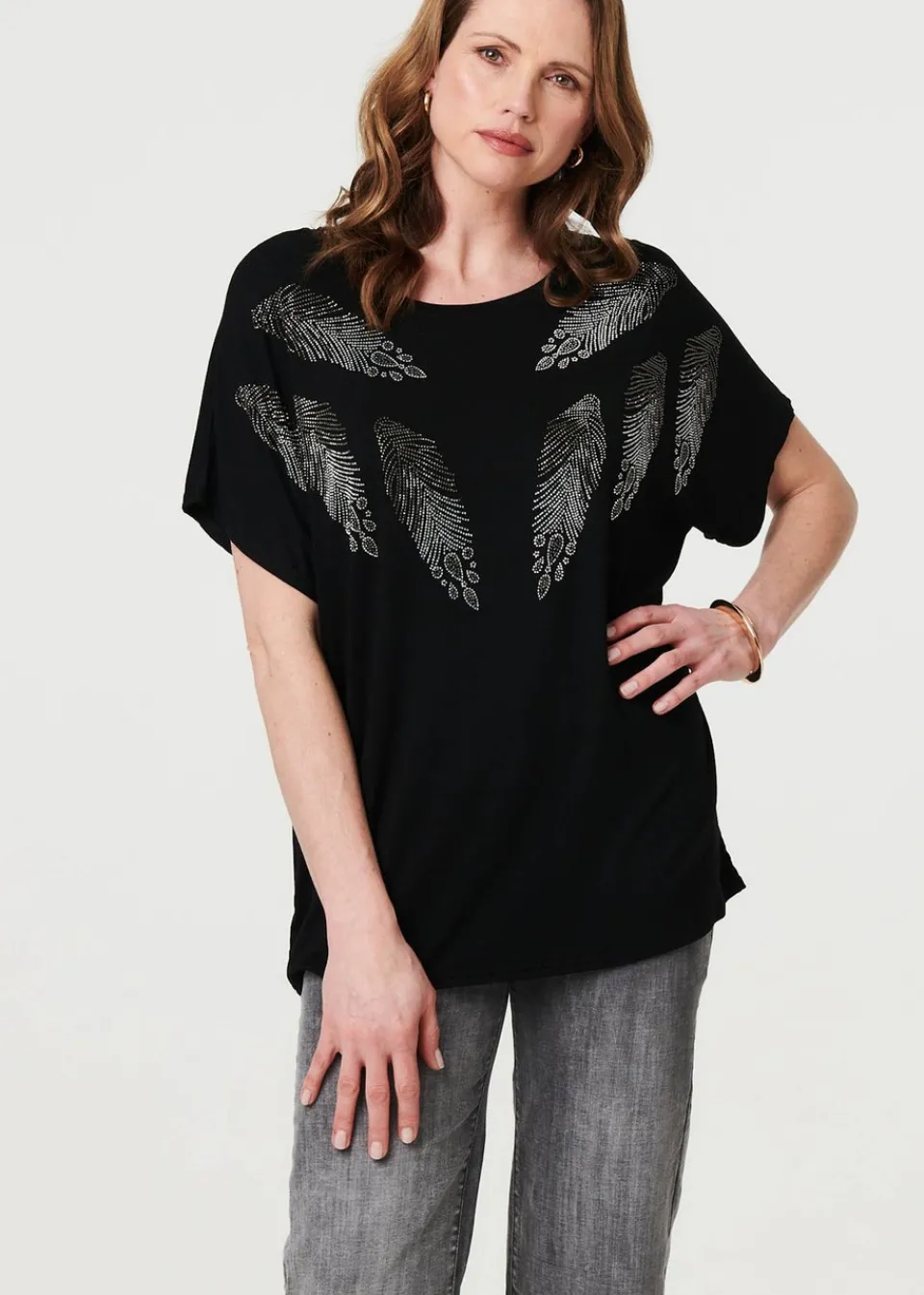 T-Shirts>Izabel London Black Sparkly Feather Print Relaxed T-Shirt