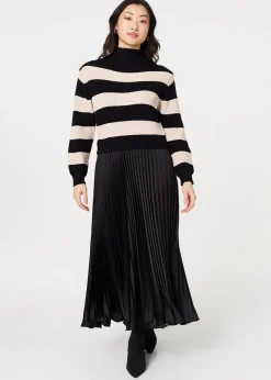 Tops>Izabel London Black Striped High Neck Pleat Knit Maxi Dress