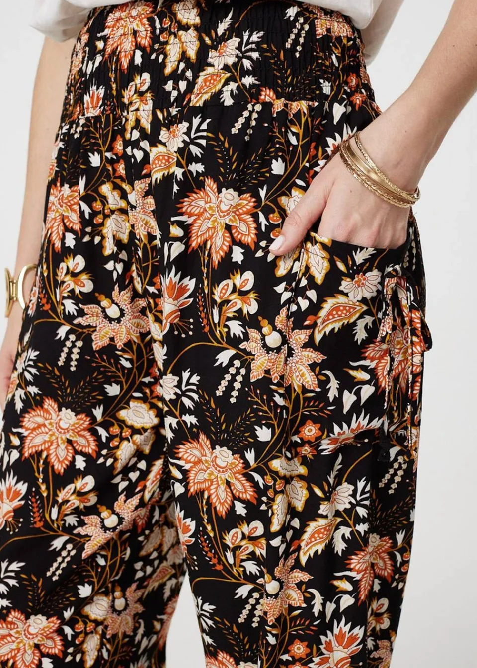 Trousers>Izabel London Black Vintage Floral Shirred Waist Harem Pants