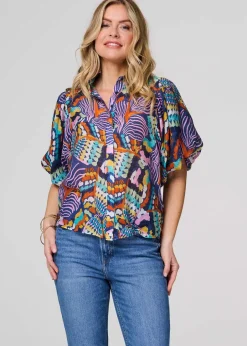 Tops>Izabel London Blue Abstract Puff 1/2 Sleeve Shirt