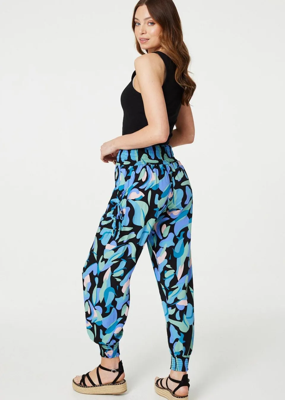 Trousers>Izabel London Blue Abstract Print High Waist Harem Pants