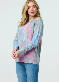 Tops>Izabel London Blue Abstract Print Stud Detail Knit Top