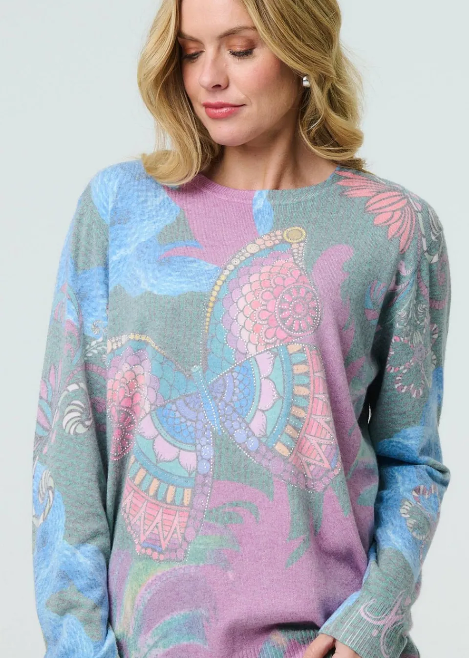 Tops>Izabel London Blue Abstract Print Stud Detail Knit Top
