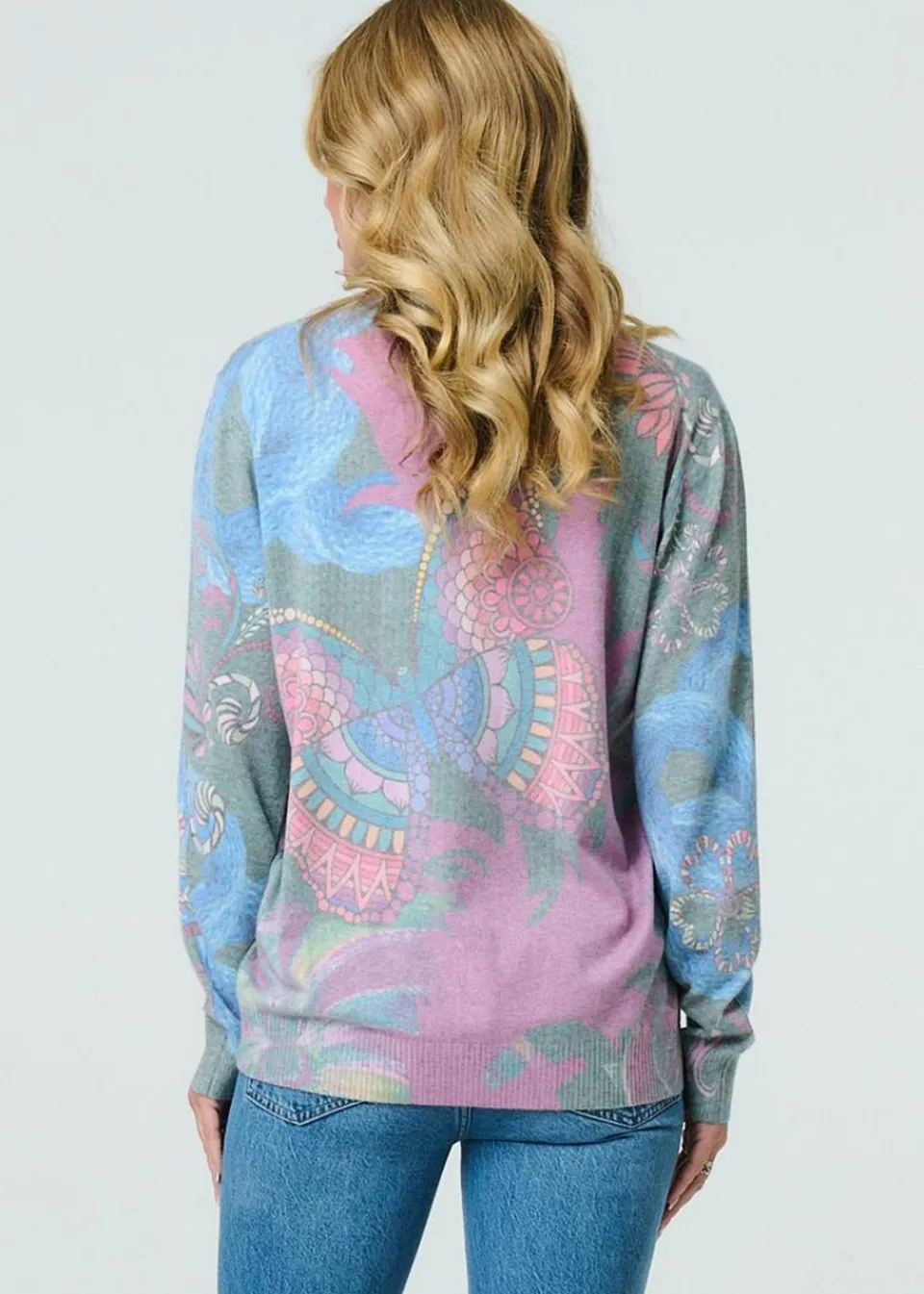 Tops>Izabel London Blue Abstract Print Stud Detail Knit Top