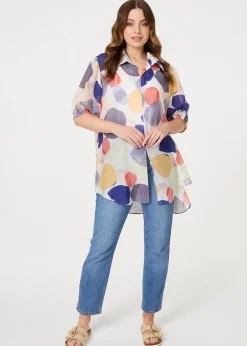 Tops>Izabel London Blue Abstract Semi Sheer High Low Shirt