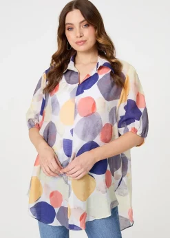 Tops>Izabel London Blue Abstract Semi Sheer High Low Shirt