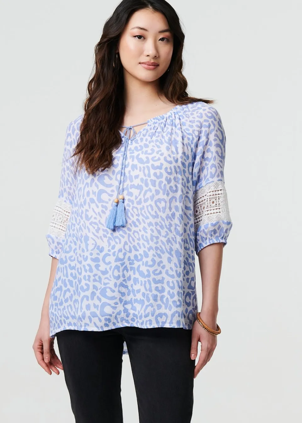 Tops>Izabel London Blue Animal Print Tassel Bardot Neck Blouse
