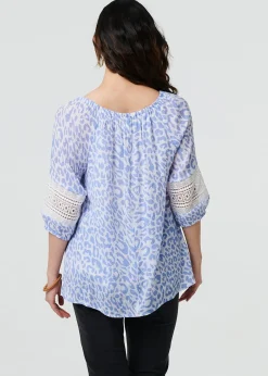 Tops>Izabel London Blue Animal Print Tassel Bardot Neck Blouse