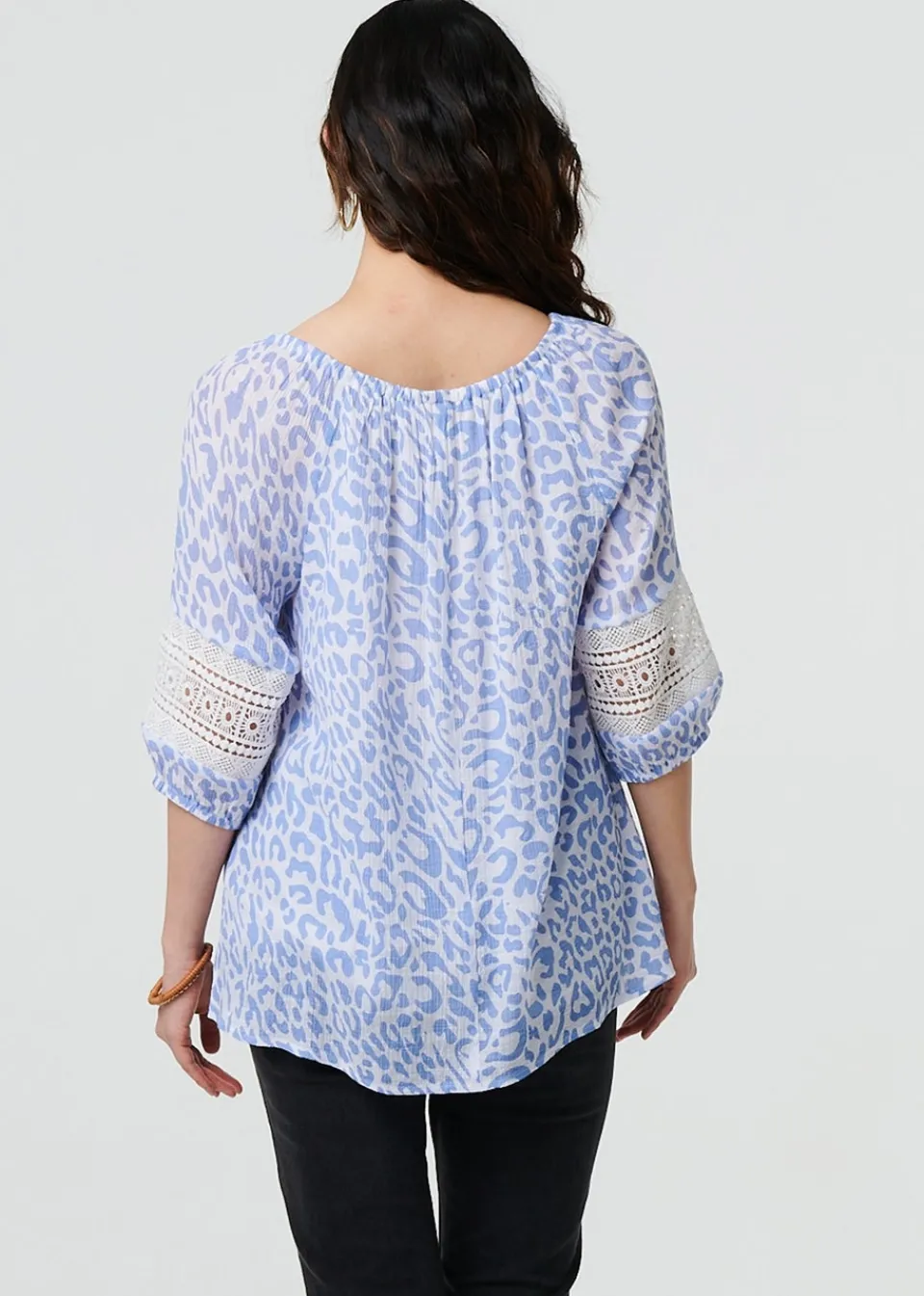 Tops>Izabel London Blue Animal Print Tassel Bardot Neck Blouse