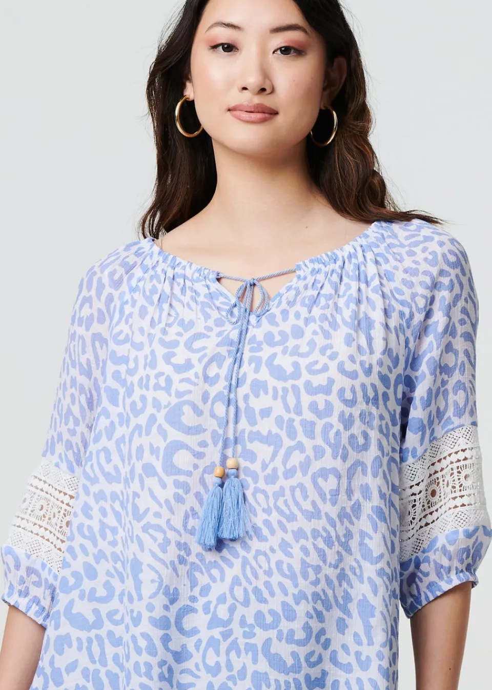 Tops>Izabel London Blue Animal Print Tassel Bardot Neck Blouse